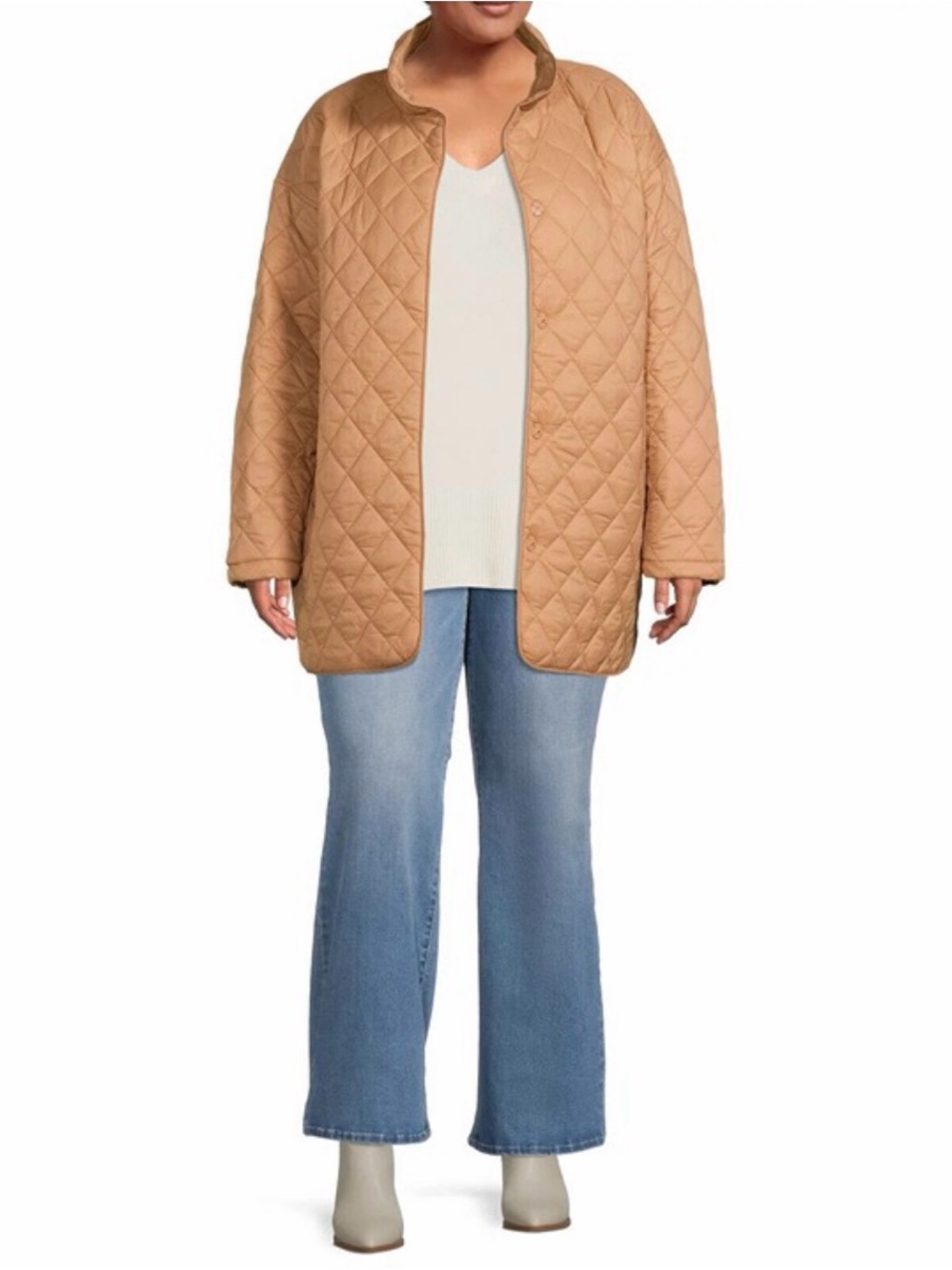 Time and Tru Women Quilted Barn Coat Jacket High Neckline Cozy Stylish Beige XL